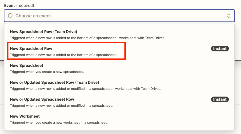 Zapier Google sheets trigger event to add New Spreadsheet Row
